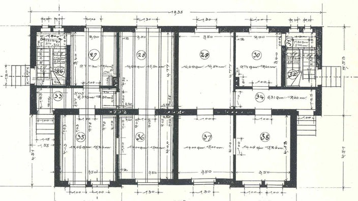 Grundrisszeichnung von 1905 des Erdgeschosses eines geplanten Vierfamilienhaus der Rheinbaben-Siedlung in Bottrop.