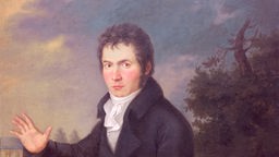Das Gemälde zeigt den jungen Beethoven. Zu sehen ist im Vordergrund ein ernst blickender, dunkel gekleideter und dunkelhaariger junger Mann, der sitzend zum Betrachter schaut und den rechten Arm von sich streckt.