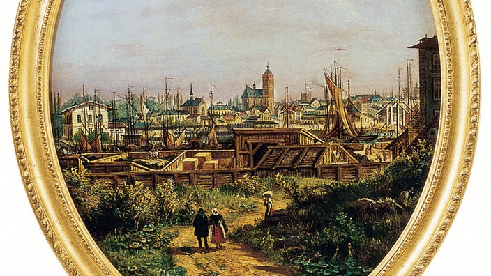 Altes, rundes Ölgemälde vom Duisburger Hafen um 1845 in einem goldenen Rahmen.