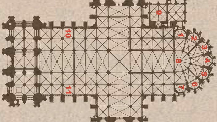 Ein in zahlreiche Planquadrate aufgeteilter Bauplan des Kölner Doms zeigt seine Kreuzform. (Rechte: Sven Gummich)