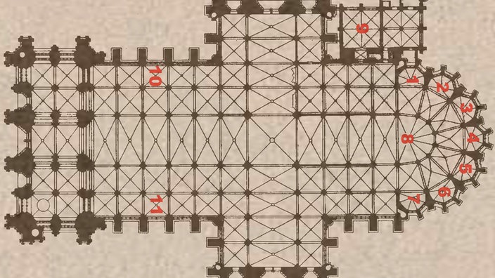 Ein in zahlreiche Planquadrate aufgeteilter Bauplan des Kölner Doms zeigt seine Kreuzform. (Rechte: Sven Gummich) | Bildquelle: Sven Gummich Ein in zahlreiche Planquadrate aufgeteilter Bauplan des Kölner Doms zeigt seine Kreuzform. (Rechte: Sven Gummich)