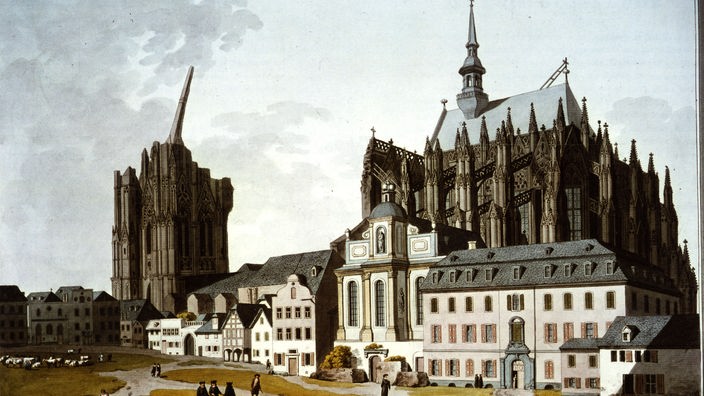 Auf dem Kölner Domplatz steht die erste Hälfte des Kölner Doms während des Baus der Kirche im 18. Jahrhundert.
