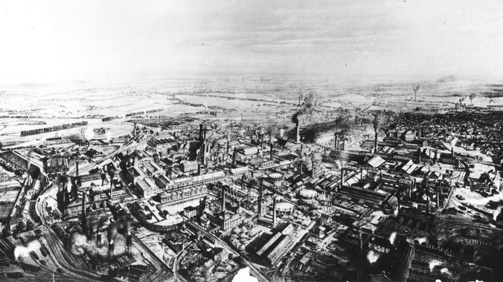Lithografie der Krupp-Werke in Essen von 1879. | Bildquelle: akg Lithografie der Krupp-Werke in Essen von 1879.