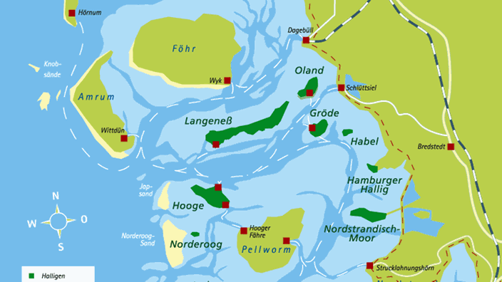 Die Karte zeigt die zehn Halligen. Sie liegen nordwestlich von Husum rund um die Insel Pellworm.