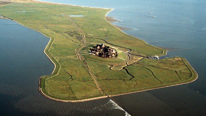 Luftbild der Hallig Oland mit Warft und Steinbefestigung der Hallig zur Küste hin.