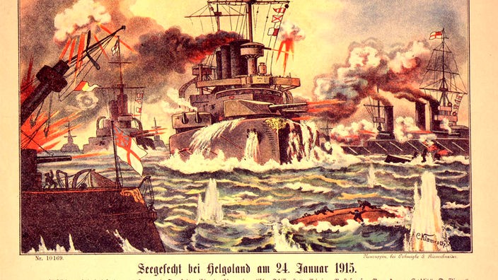 Unter der Überschrift: 'Der europäische Krieg' zeigt das Bild ein Seegefecht vor Helgoland. Ein großes Schiff steht in Flammen.