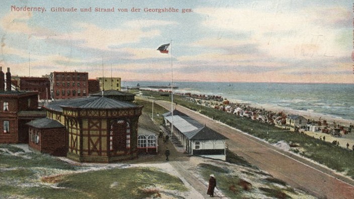 Das Gemälde zeigt den Strand Norderneys von der Georgshöhe aus. Links im Bild sind einige Gebäude, unter anderem ein Pavillon, in der Mitte spazieren einige Fußgänger die Promenade entlang, rechts sind Meer und Strand zu sehen.