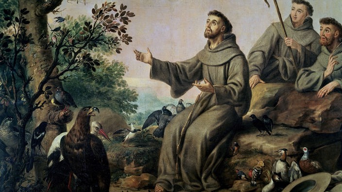 Gemälde: Franz von Assisi umgeben von Ordensbrüdern und Tieren