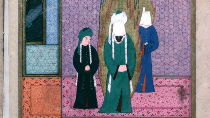Der Prophet Mohammed (Mitte) zwischen seiner Frau Chadidscha und seinem Schwiegersohn Ali
