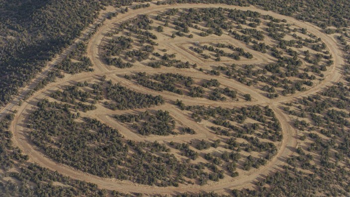 Logo der Church of Spiritual Technology, geätzt in den Wüstenboden von New Mexico, um aus der Luft gesehen zu werden.