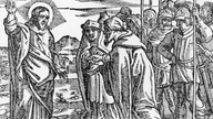 Bibelillustration: 'Gebt dem Kaiser, was des Kaisers ist (...)', Jesus mit den Pharisäern und dem Zinsgroschen