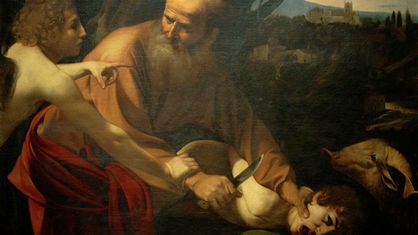 Gemälde: Abraham will gerade die Kehle seines schreienden Sohnes mit einem Messer durchschneiden, wird aber von einem Engel zurückgehalten.