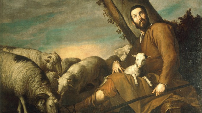 Gemälde: Ein Schäfer sitzt bei seinen Schafen auf dem Feld und schaut ängstlich drein. In seinem Schoß sitzt ein Lamm.