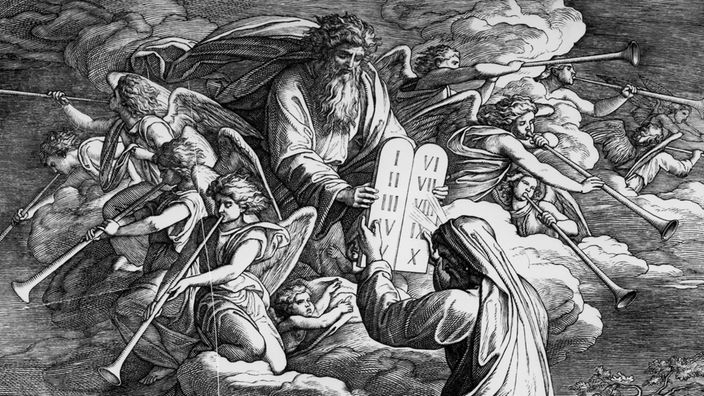 Zeichnung: Gott übergibt Moses die Zehn Gebote.
