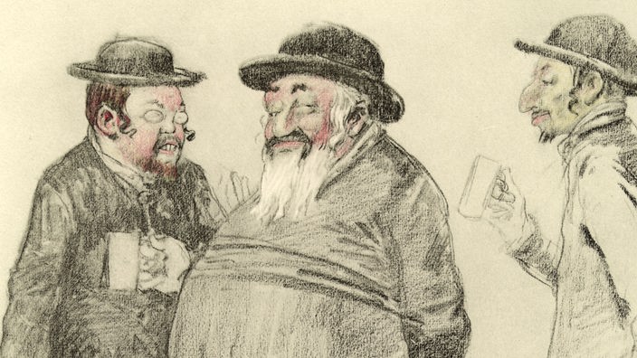 Karikatur "Typen aus Karlsbad" von Friedrich August von Kaulbach: Drei orthodoxe Juden in typischer Tracht