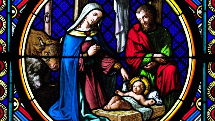 Ein Glasfenster in Basel aus dem 19. Jahrhundert zeigt die Geburt von Jesus Christus