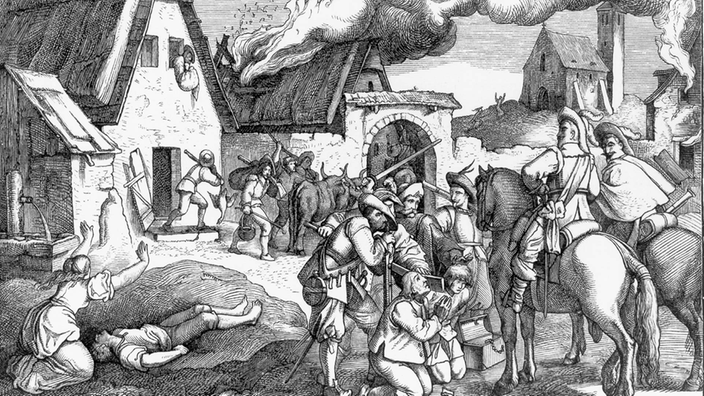 Stich aus dem Dreißigjährigen Krieg. Soldaten haben ein Dorf eingenommen und plündern es. Die Bewohner flehen um Gnade.