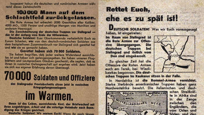 Auf zwei sowjetischen Flugblättern aus dem Zweiten Weltkrieg werden die deutschen Soldaten aufgefordert, sich zu ergeben. | Bildquelle: akg-images Auf zwei sowjetischen Flugblättern aus dem Zweiten Weltkrieg werden die deutschen Soldaten aufgefordert, sich zu ergeben.