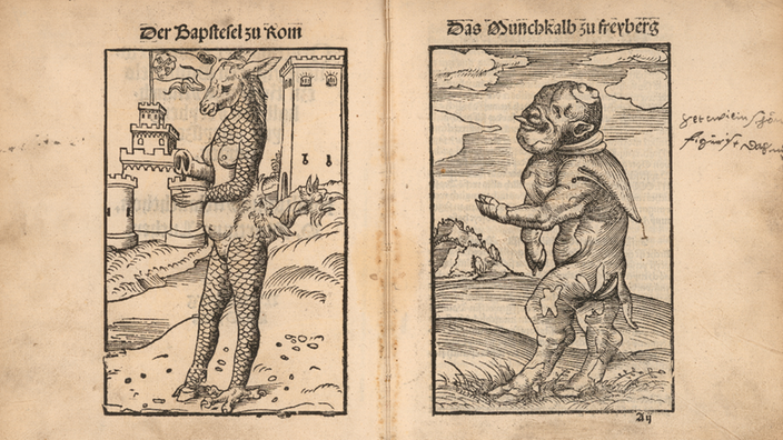 Zwei Holzschnitte mit Fantasietieren: ein "Bapstesel zu Rom" und "ein Kalb auf zwei Beinen mit missgestaltetem Kopf | Bildquelle: Imago /Album / Fine Art Images / INTERFOTO Zwei Holzschnitte mit Fantasietieren: ein "Bapstesel zu Rom" und "ein Kalb auf zwei Beinen mit missgestaltetem Kopf