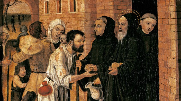 Gemälde: Drei Mönche in schwarzen Kutten geben einem Mann in Lumpen Brot und Wasser.
