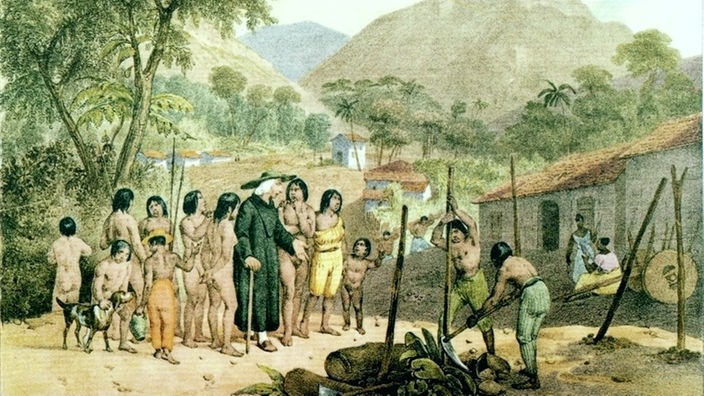 Farbige Zeichnung: Jesuiten-Reduktion bei den Tapuyo-Indianern in Brasilien.