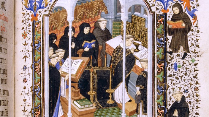 Buchmalerei: Mehrere Mönche während eines Gottesdienstes.