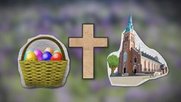 Osternest, Kreuz und Kirche als Symbole des Osterfests