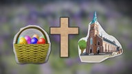 Osternest, Kreuz und Kirche als Symbole des Osterfests