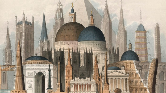 Kolorierter Stich von 1850: Die Hauptgebäude der Welt (The Principal Buildings in the World)