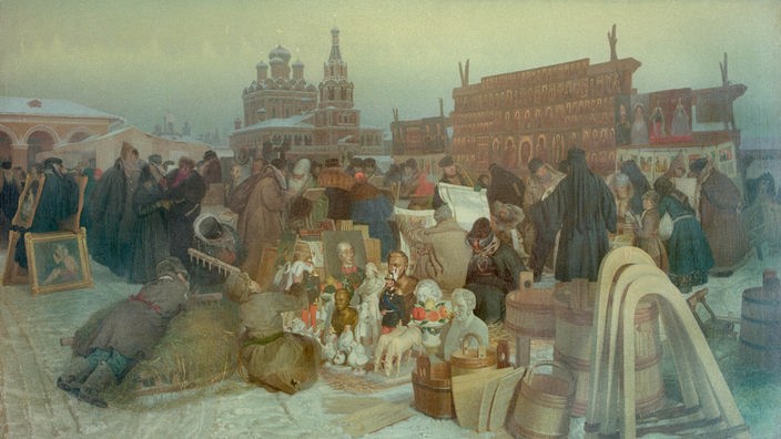 Gemälde "Trödelmarkt in Moskau" von J.S.Sorokin (19. Jahrhundert)