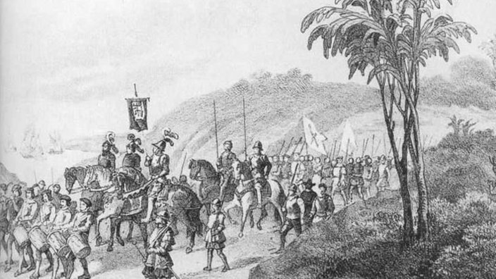 Historisches Bild von einem Feldzug der spanischen Konquistadoren. | Bildquelle: Memoria Chilena (Chilenische Nationalbibliothek) Historisches Bild von einem Feldzug der spanischen Konquistadoren.