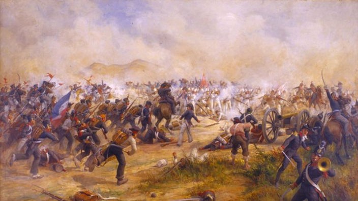 Viele Männer bekämpfen sich mit Schwertern und Kanonen auf einem Feld.