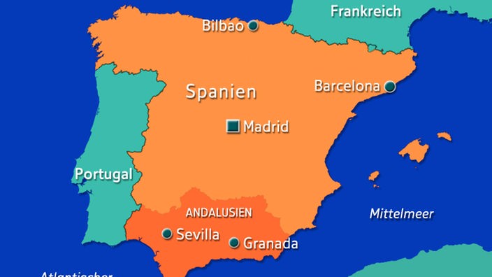 Karte Spaniens, auf der Andalusien hervorgehoben ist.