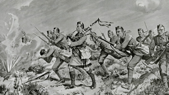Schottische Soldaten im Ersten Weltkrieg, einer davon mit Dudelsack | Bildquelle: picture alliance / Mary Evans Picture Library Schottische Soldaten im Ersten Weltkrieg, einer davon mit Dudelsack