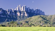 Blick über eine Wiese und bewaldete Hänge auf die bizarren Felsnadeln des Montserrats vor strahlend blauem Himmel