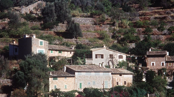 Häuser und Terrassen an einem Berghang.