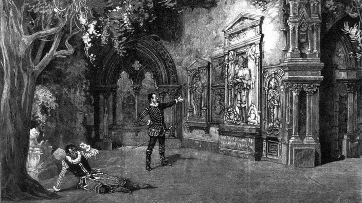 Holzstich von 1896: "Don Juan und Faust" am Meininger Hoftheater. Zwei Männer vor Friedhofskulisse.