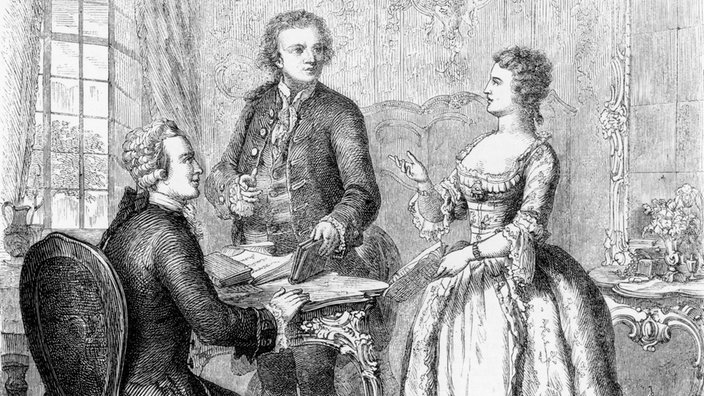 Druckgraphik: Die Schauspielerin Neuber im Gespräch mit dem Schriftsteller Lessing und einem weiteren Mann | Bildquelle: picture alliance / akg-images Druckgraphik: Die Schauspielerin Neuber im Gespräch mit dem Schriftsteller Lessing und einem weiteren Mann