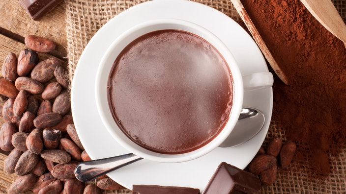 Eine Tasse Kakao (heiße Schokolade) steht zwischen Kakaopulver, Kakaobohnen und Schokoladenstücken