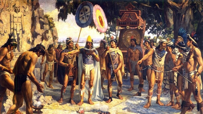 Bild: Montezuma II. im Kreise seiner Untertanen | Bildquelle: picture-alliance / dpa Bild: Montezuma II. im Kreise seiner Untertanen