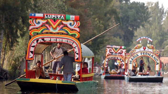 Verzierte Boote gleiten durch einen schwimmenden Garten in Xochimilco, Mexiko | Bildquelle: picture alliance / AP Photo Verzierte Boote gleiten durch einen schwimmenden Garten in Xochimilco, Mexiko