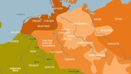 Die Karte zeigt die Verteilung der Germanenstämme in Mitteleuropa