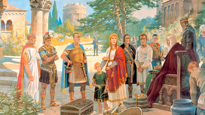 Farbige Postkarte: König Theoderich und sein Hofstaat in Italien.