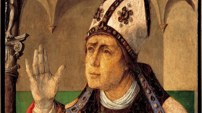Gemälde: Ein Mann mit Bischofsmütze mit erhobener rechter Hand und dem Blick gen Himmel.