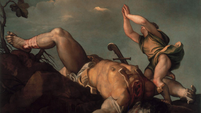 Gemälde: Ein Junge steht neben der Leiche eines Riesen. Der Junge hat die Hände gefaltet und zum Himmel gerichtet.
