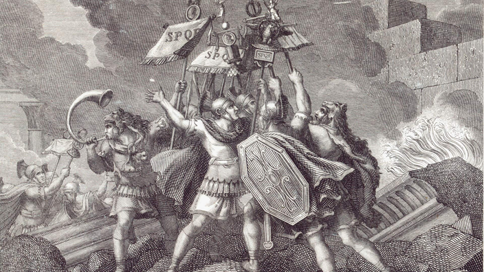 Zeichnung: Mehrere römische Soldaten stehen auf Trümmern und halten ihre Feldzeichen nach oben.