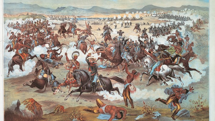 Alte Lithografie: "Custers Todes-Ritt" zeigt die Schlacht vom Little Bighorn River