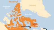 Karte von Nunavut, Nordkanada. Eingezeichnet sind die Orte Cape Dorset und Iqaluit. Östlich von Nunavut (auf der Karte oberhalb), getrennt durch die Buffin Bay, liegt Grönland. (