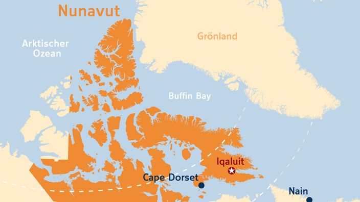 Karte von Nunavut, Nordkanada. Eingezeichnet sind die Orte Cape Dorset und Iqaluit. Östlich von Nunavut (auf der Karte oberhalb), getrennt durch die Buffin Bay, liegt Grönland. (