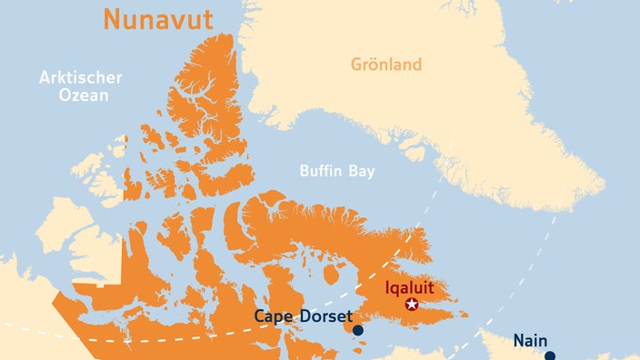 Karte von Nunavut, Nordkanada. Eingezeichnet sind die Orte Cape Dorset und Iqaluit. Östlich von Nunavut (auf der Karte oberhalb), getrennt durch die Buffin Bay, liegt Grönland. ( | Bildquelle: wdr Karte von Nunavut, Nordkanada. Eingezeichnet sind die Orte Cape Dorset und Iqaluit. Östlich von Nunavut (auf der Karte oberhalb), getrennt durch die Buffin Bay, liegt Grönland. (
